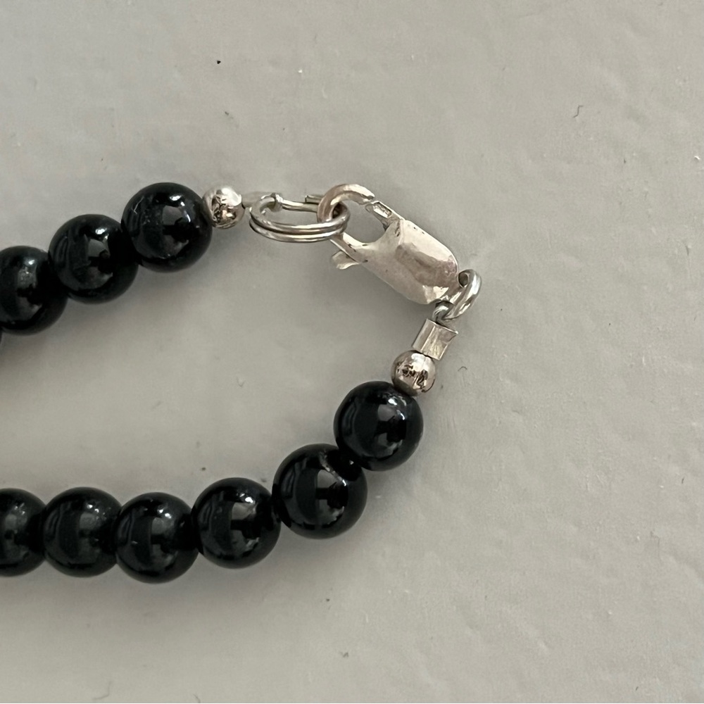 VTG Sterling 925 MOP Inlay Pink Jade BLK Onyx Agate Bead Designer Necklace - Picture 5 of 12